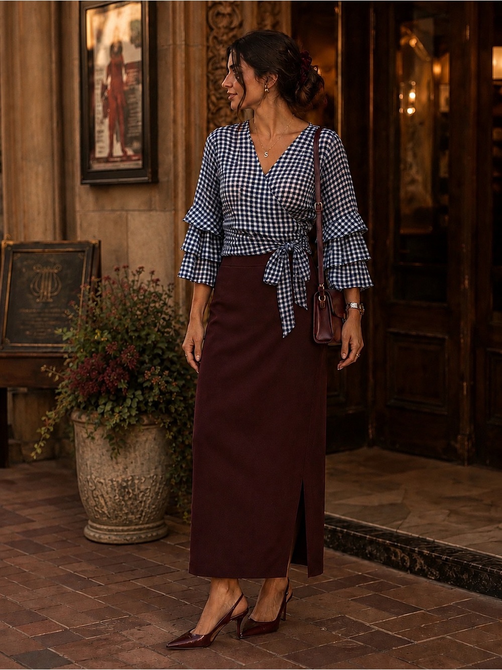 Boutique Curated NY Collection Navy White Gingham Surplice Ruffle Sleeve Blouse